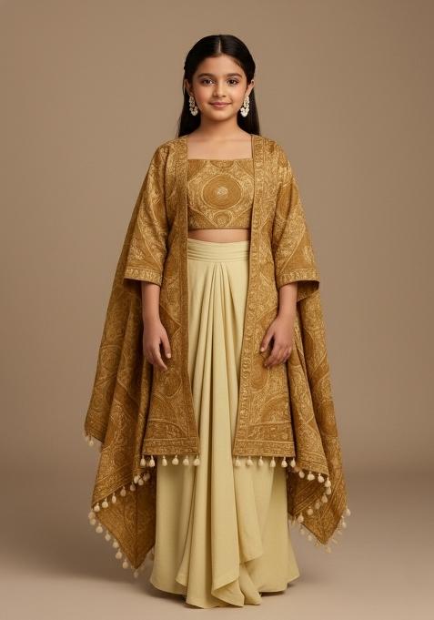 Girls Yellow Figure Print Georgette Fusion Set