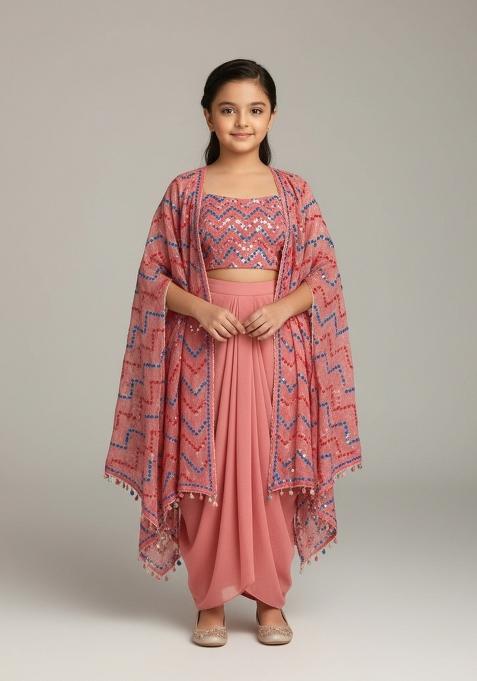 Girls Pink Embellished Georgette Fusion Set