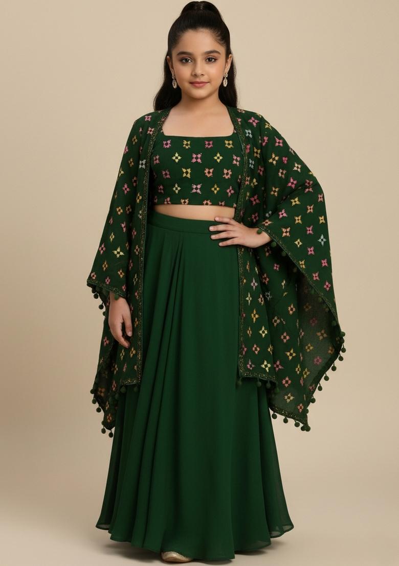 Girls Green Abstract Print Georgette Fusion Set - Indya