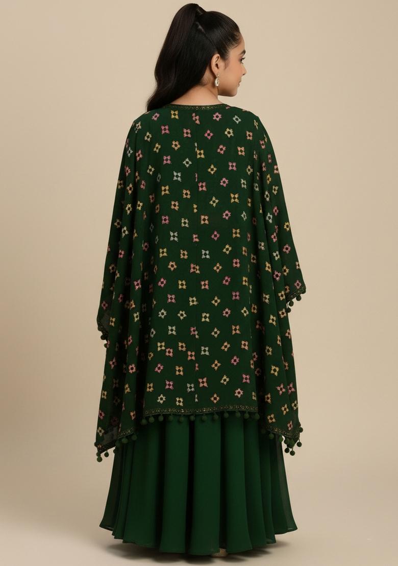 Girls Green Abstract Print Georgette Fusion Set - Indya