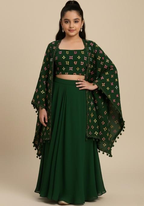 Girls Green Abstract Print Georgette Fusion Set