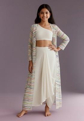 Girls White Striped Georgette Fusion Set