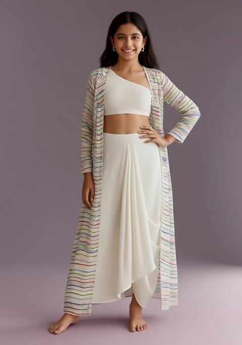 Girls White Striped Georgette Fusion Set