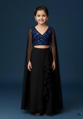 Girls Black And Blue Embroidered Georgette Fusion Set