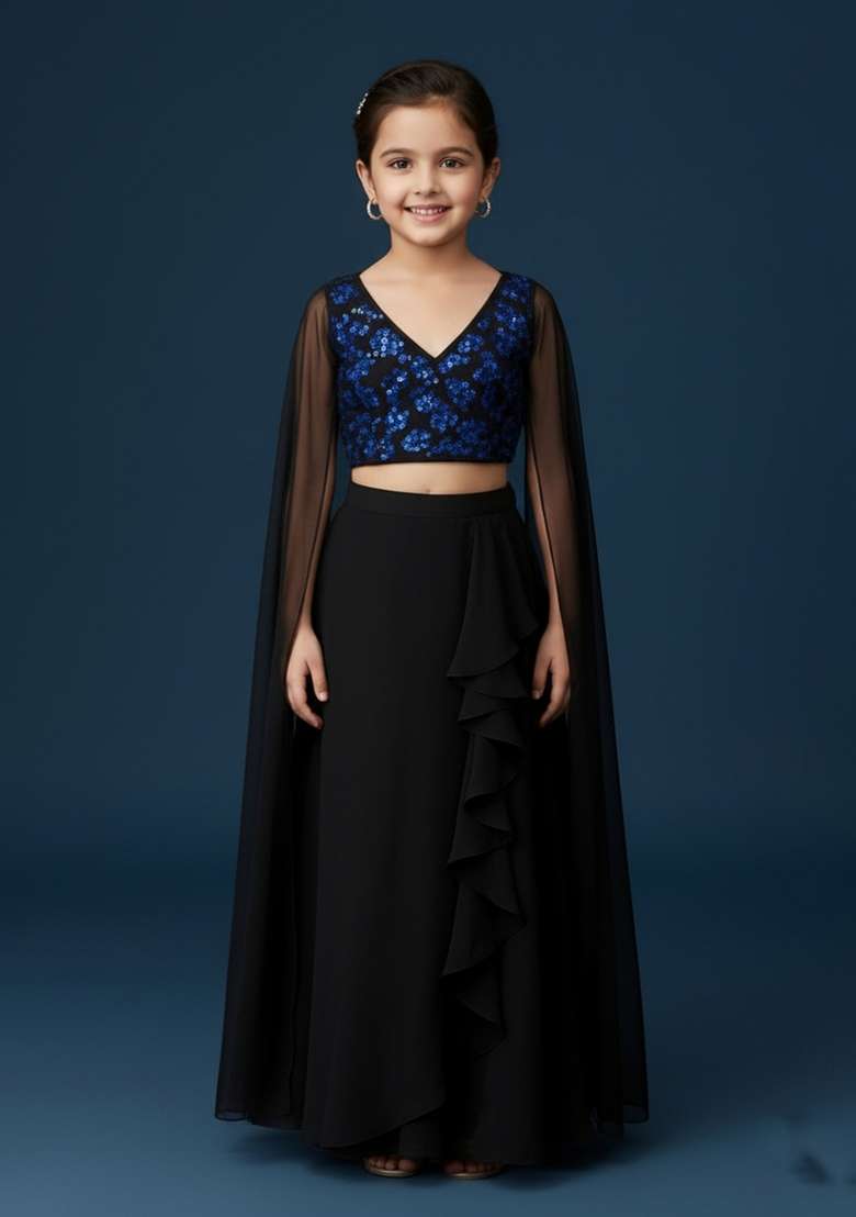 Girls Black And Blue Embroidered Georgette Fusion Set - Indya