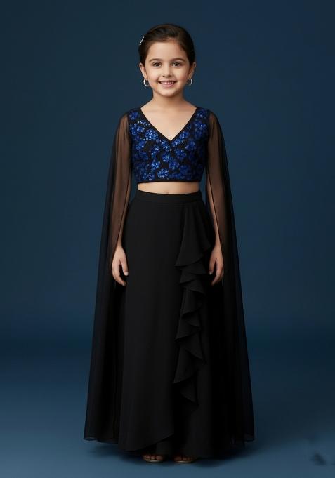 Girls Black And Blue Embroidered Georgette Fusion Set