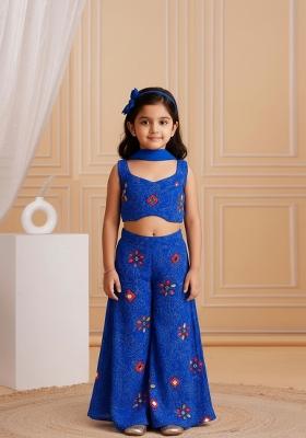 Girls Blue Floral Print Satin Fusion Set