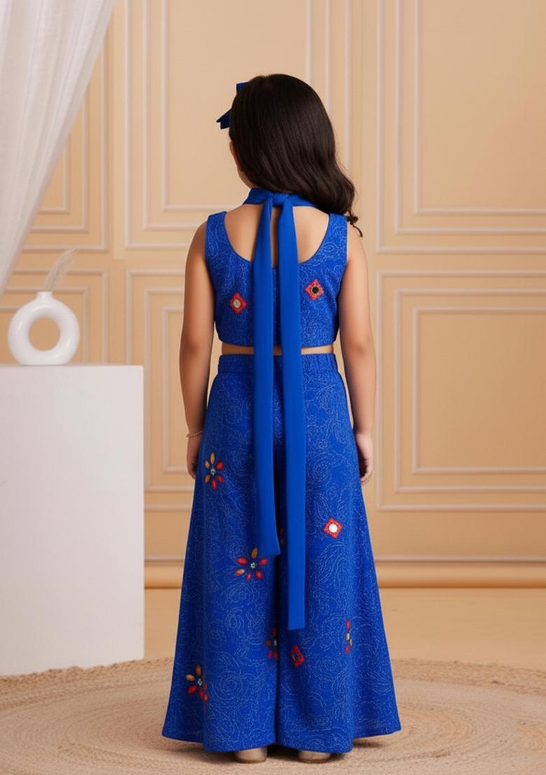 Girls Blue Floral Print Satin Fusion Set - Indya