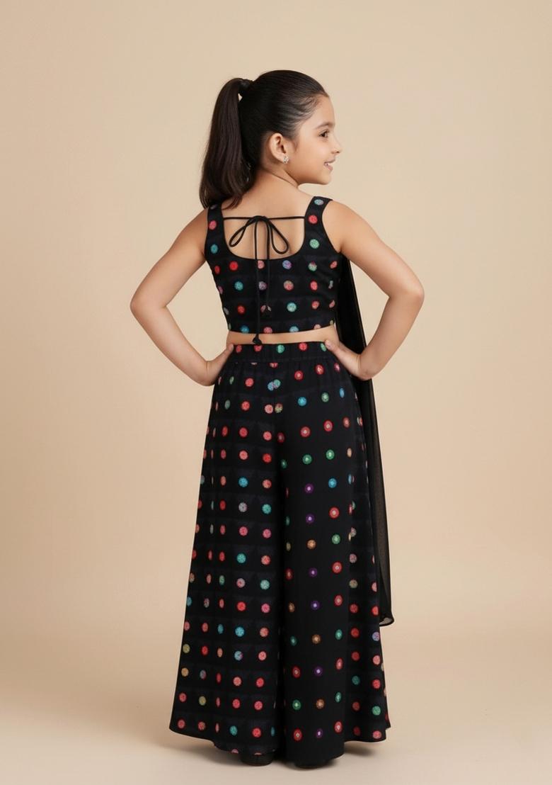 Girls Black Abstract Print Satin Fusion Set - Indya