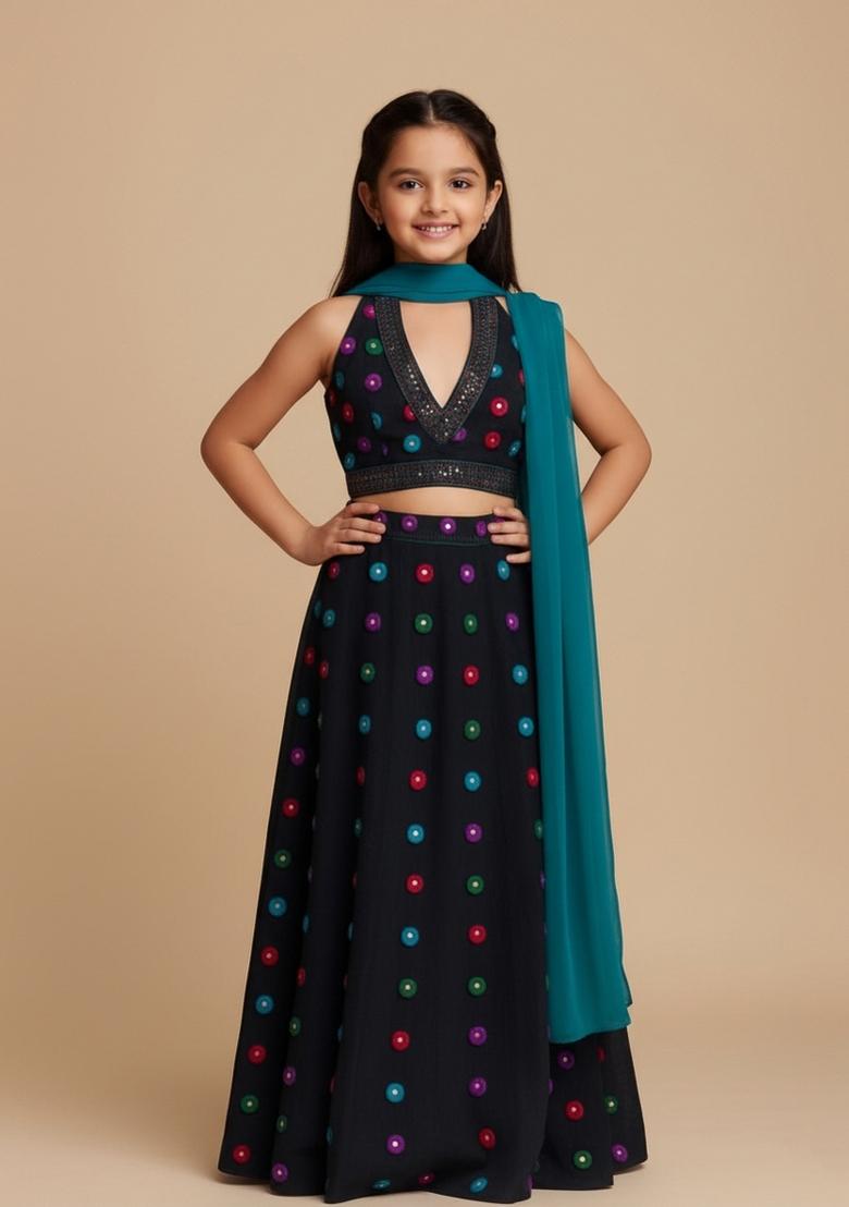 Girls Black Abstract Print Satin Lehenga Set