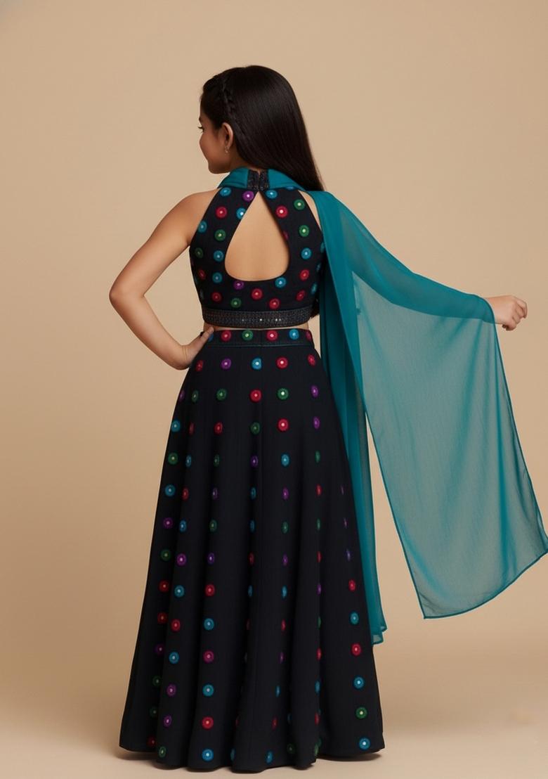 Girls Black Abstract Print Satin Lehenga Set - Indya
