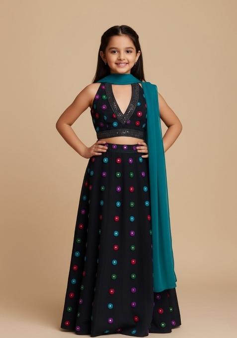 Girls Black Abstract Print Satin Lehenga Set
