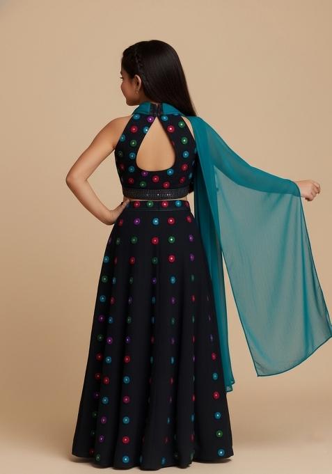 Girls Black Abstract Print Satin Lehenga Set