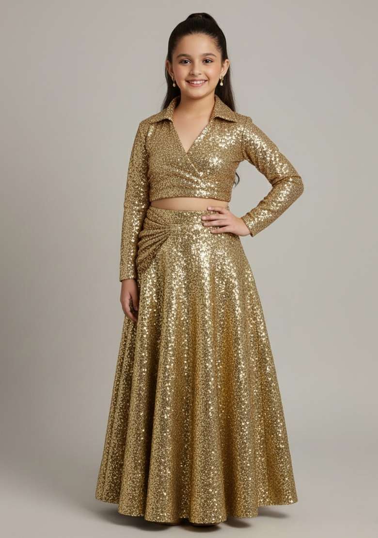 Girls Rose Gold Sequin Georgette Fusion Set - Indya