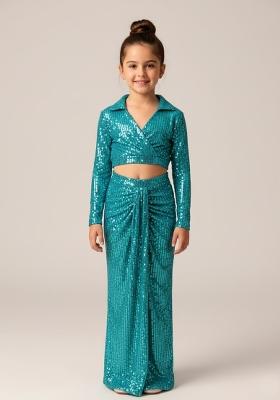 Girls Powder Blue Sequin Net Fusion Set