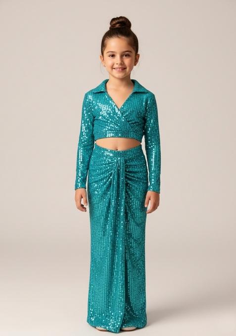 Girls Powder Blue Sequin Net Fusion Set