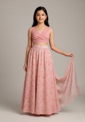 Girls Pink Floral Print Satin Fusion Set