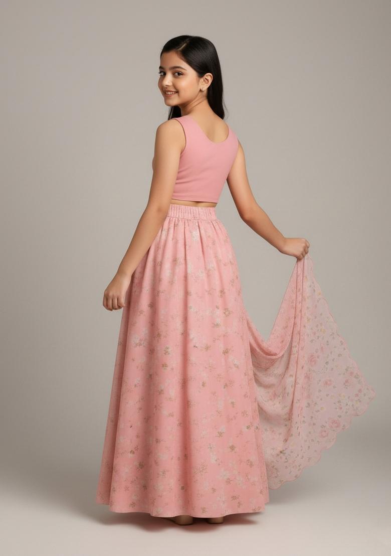 Girls Pink Floral Print Satin Fusion Set - Indya