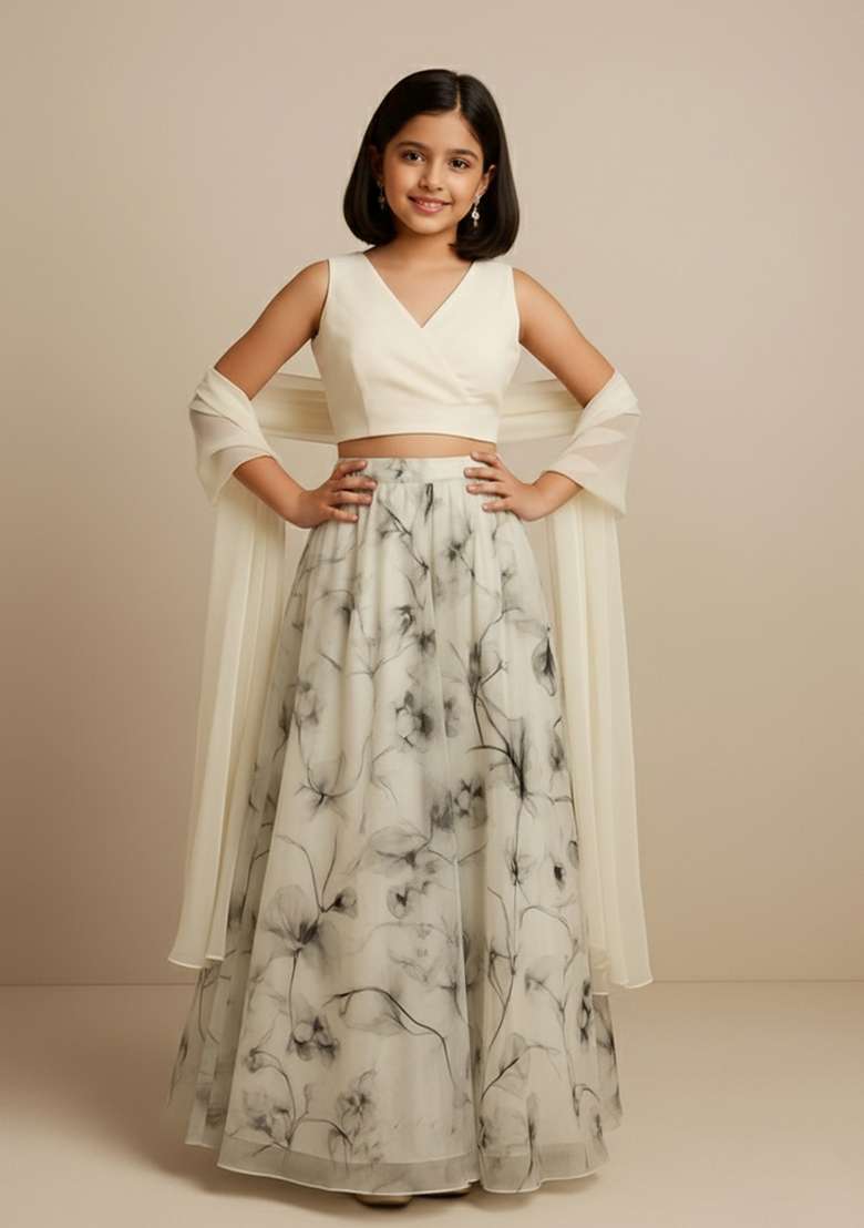Girls White Floral Print Muslin Fusion Set - Indya