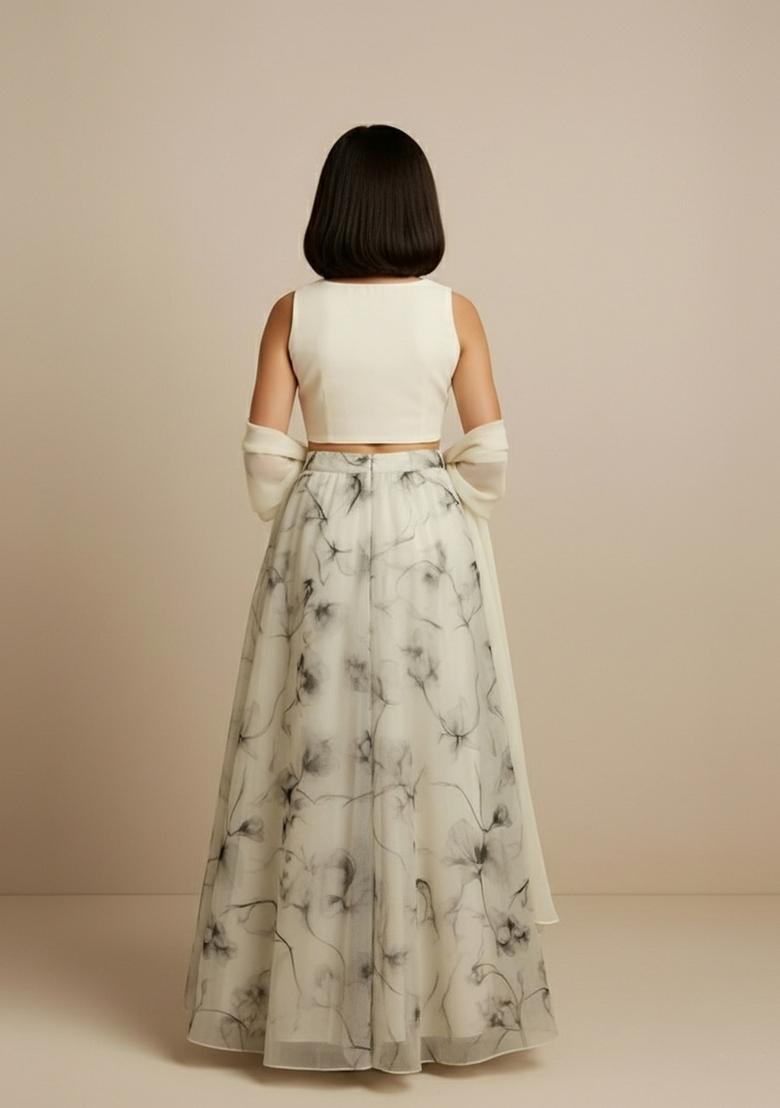 Girls White Floral Print Muslin Fusion Set - Indya