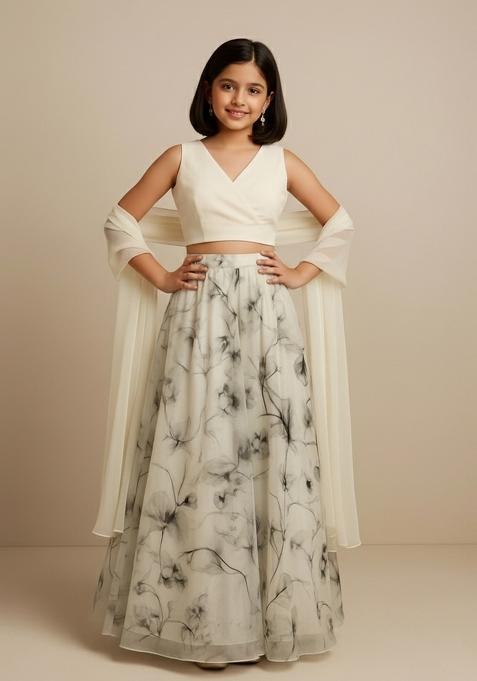 Girls White Floral Print Muslin Fusion Set