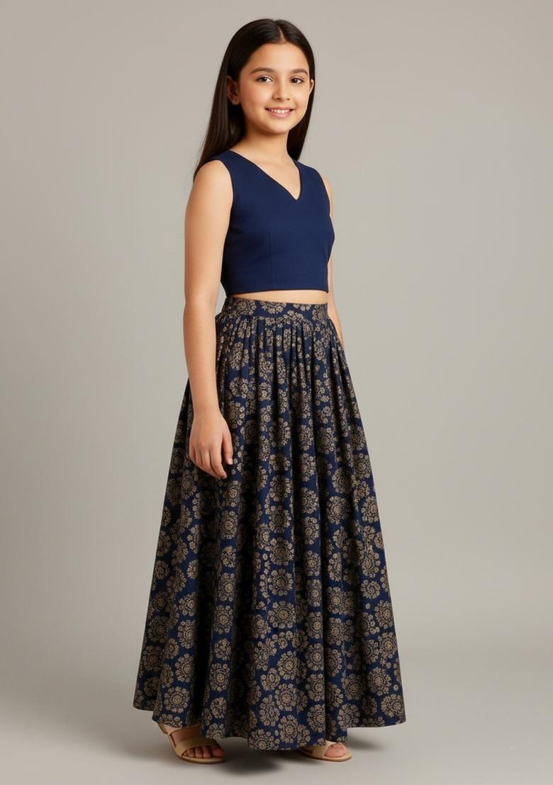 Girls Navy Blue Floral Print Silk Fusion Set - Indya