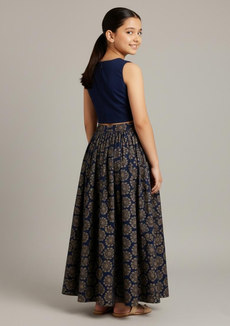 Girls Navy Blue Floral Print Silk Fusion Set - Indya