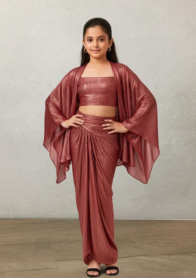 Girls Maroon Solid Satin Fusion Set - Indya