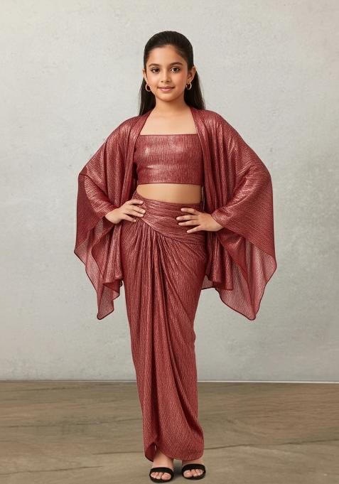 Girls Maroon Solid Satin Fusion Set