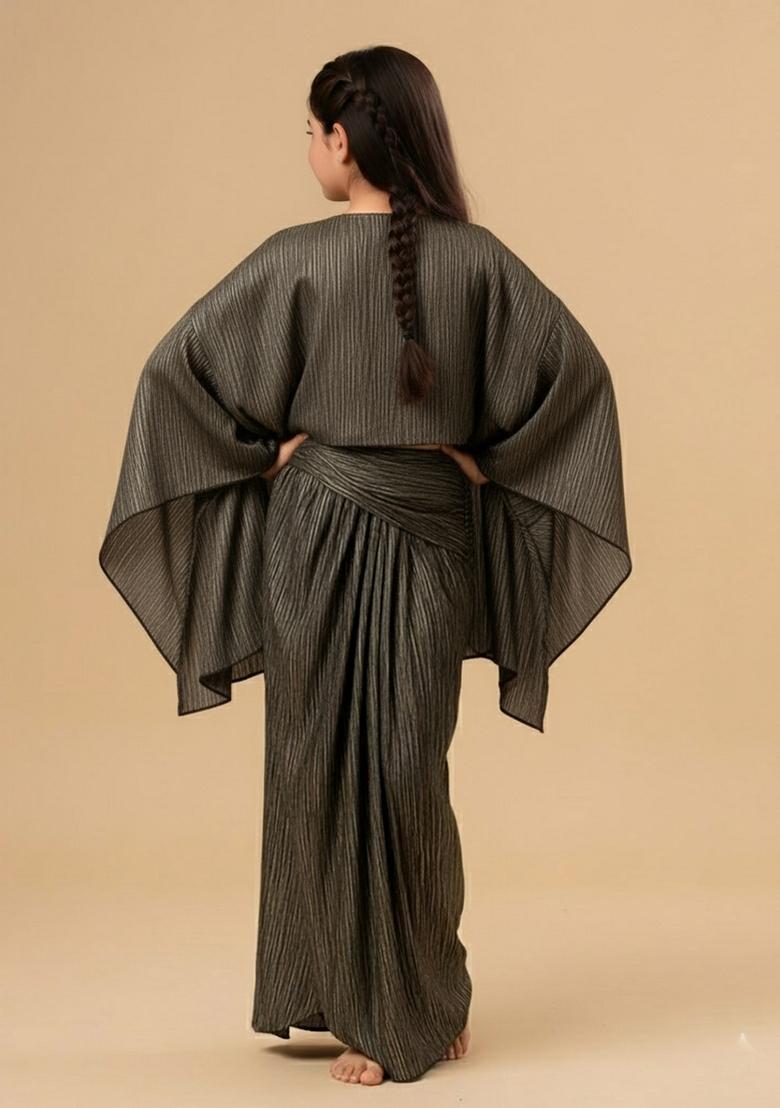 Girls Black Solid Satin Fusion Set - Indya