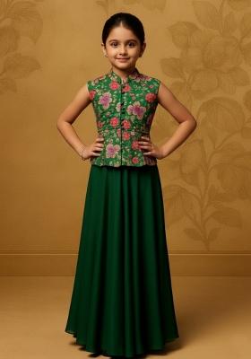 Girls Green Embroidered Chiffon Fusion Set