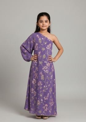 Girls Purple Floral Print Chiffon Dress