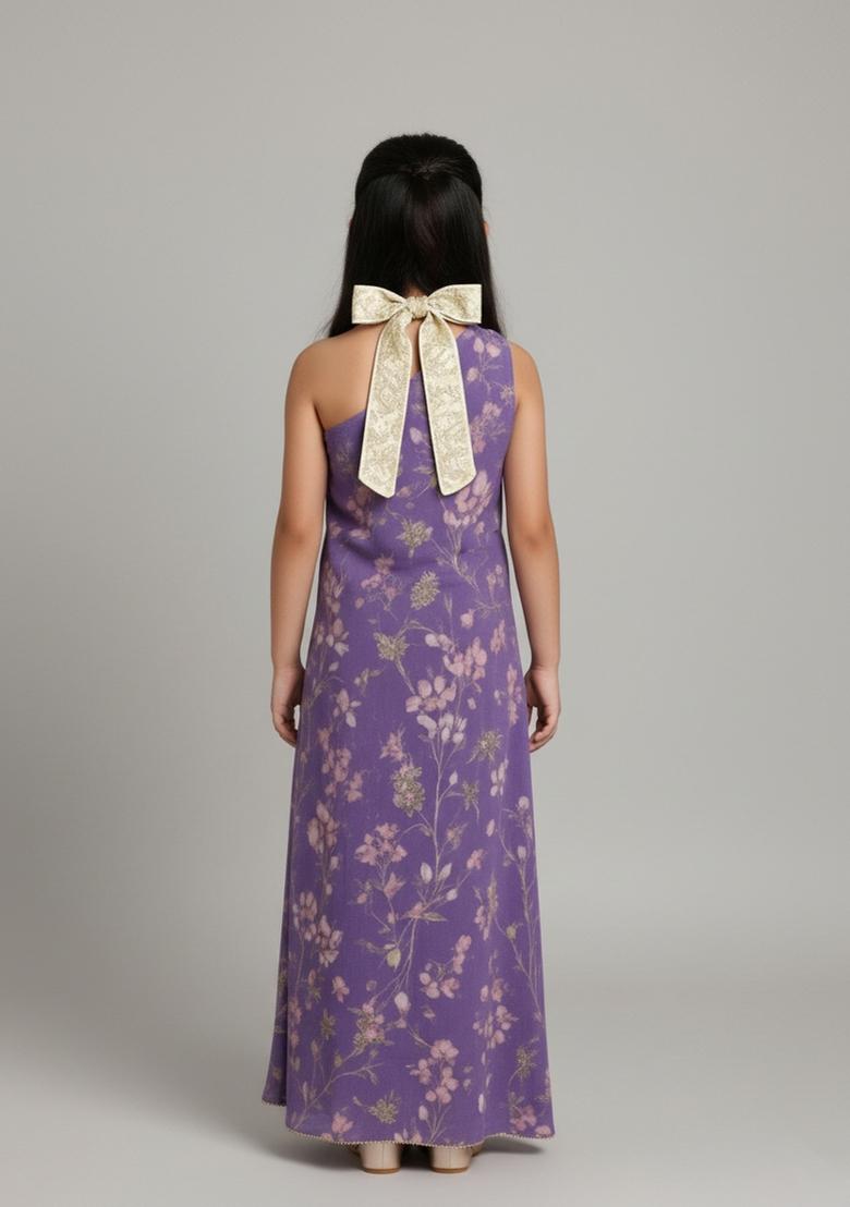 Girls Purple Floral Print Chiffon Dress - Indya