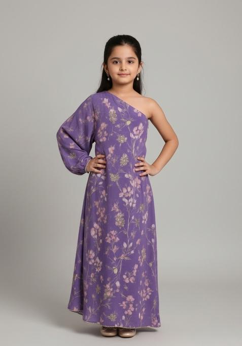 Girls Purple Floral Print Chiffon Dress