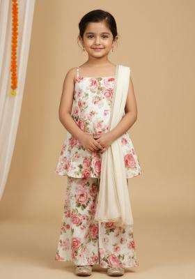 Girls White Floral Print Satin Fusion Set