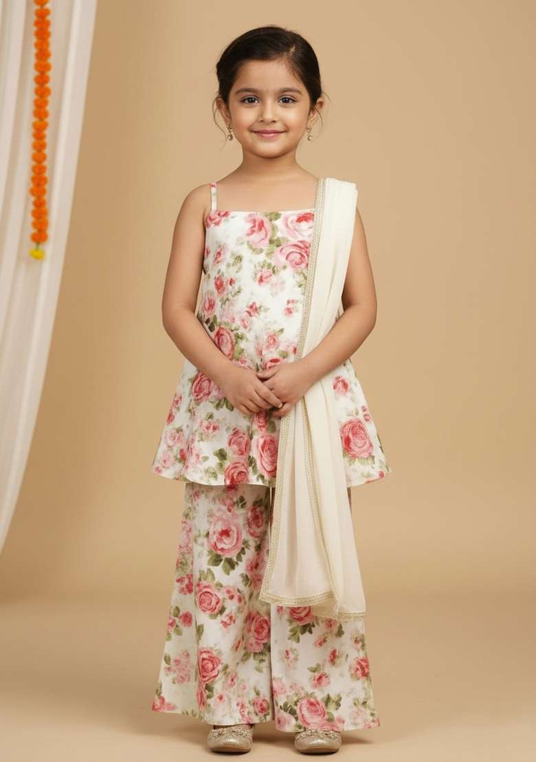 Girls White Floral Print Satin Fusion Set - Indya
