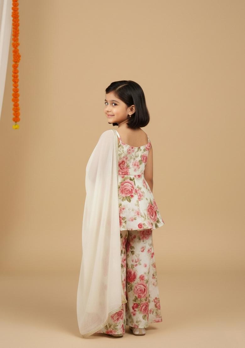 Girls White Floral Print Satin Fusion Set - Indya