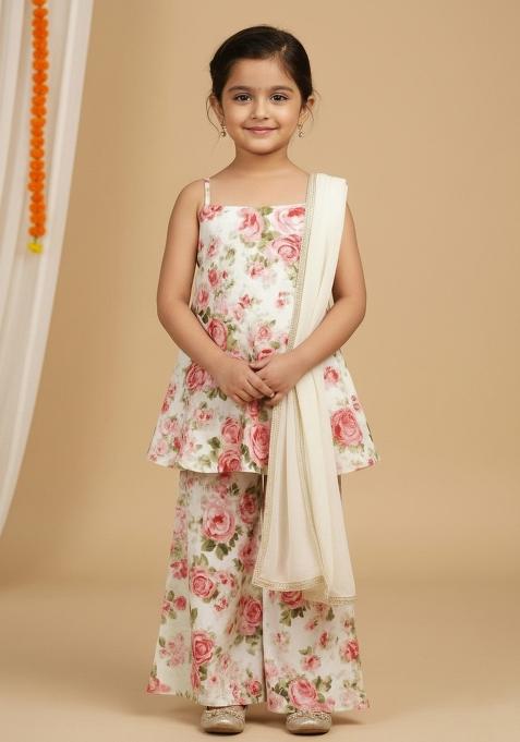 Girls White Floral Print Satin Fusion Set