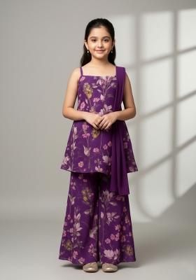 Girls Purple Floral Print Chiffon Fusion Set