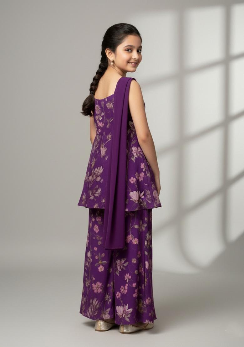 Girls Purple Floral Print Chiffon Fusion Set - Indya