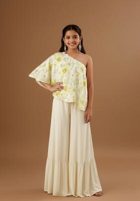 Girls Yellow Floral Print Satin Fusion Set