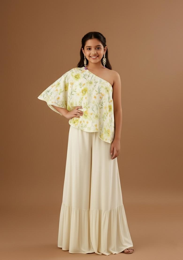 Girls Yellow Floral Print Satin Fusion Set