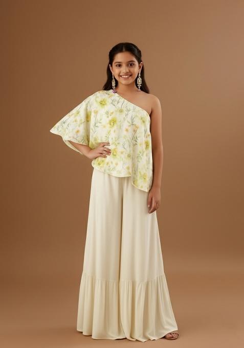 Girls Yellow Floral Print Satin Fusion Set