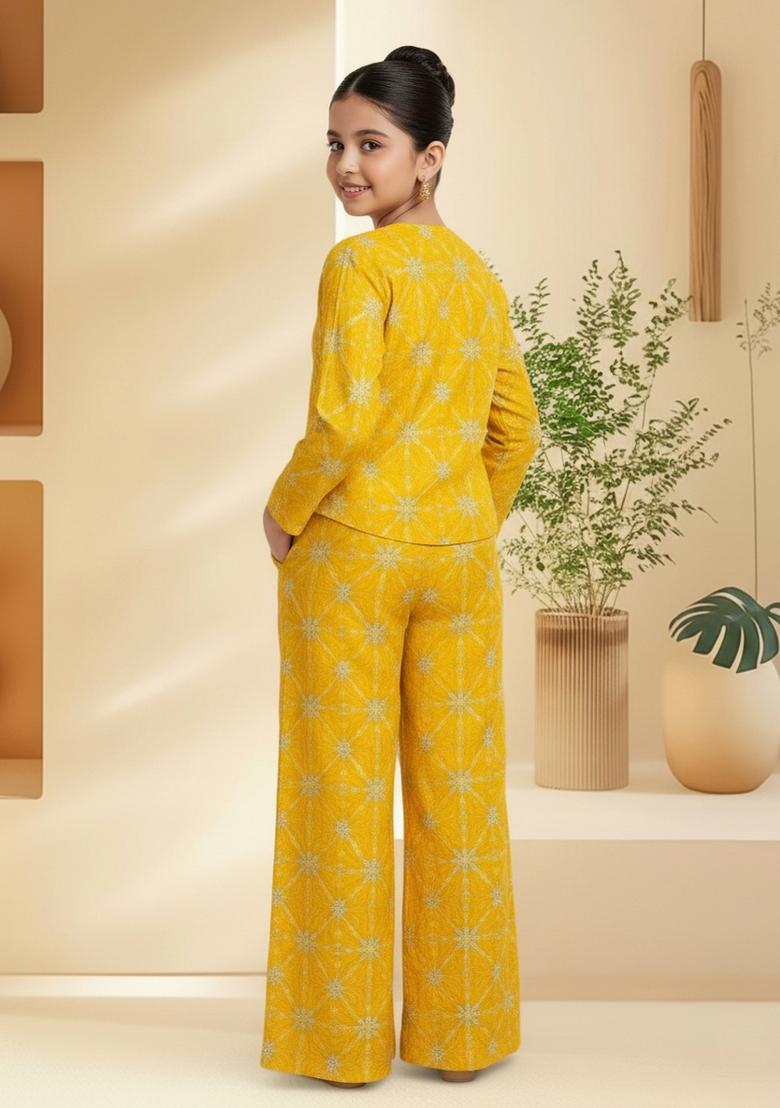 Girls Yellow Embroidered Silk Fusion Set - Indya