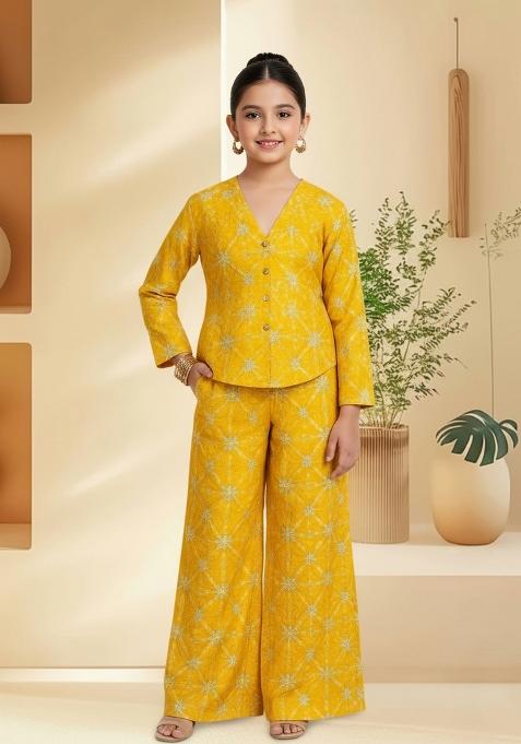 Girls Yellow Embroidered Silk Fusion Set