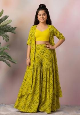 Girls Light Green Bandhani Print Crepe Fusion Set