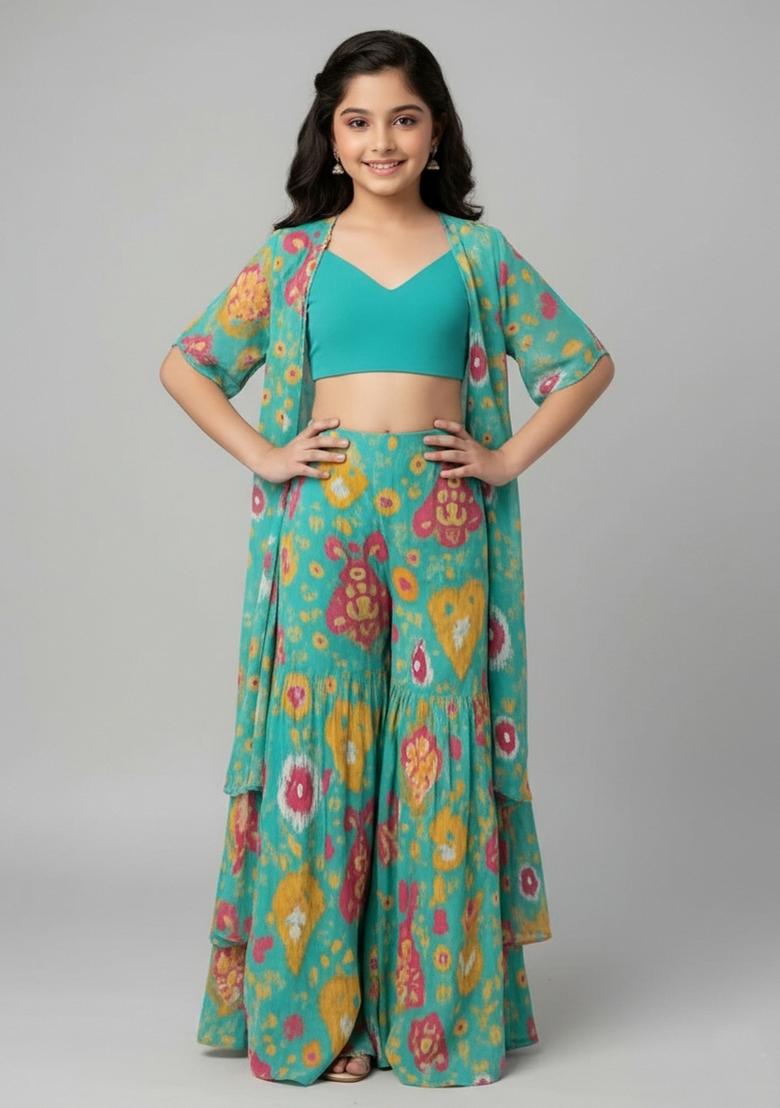 Girls Turquoise Blue Ikat Print Crepe Fusion Set - Indya