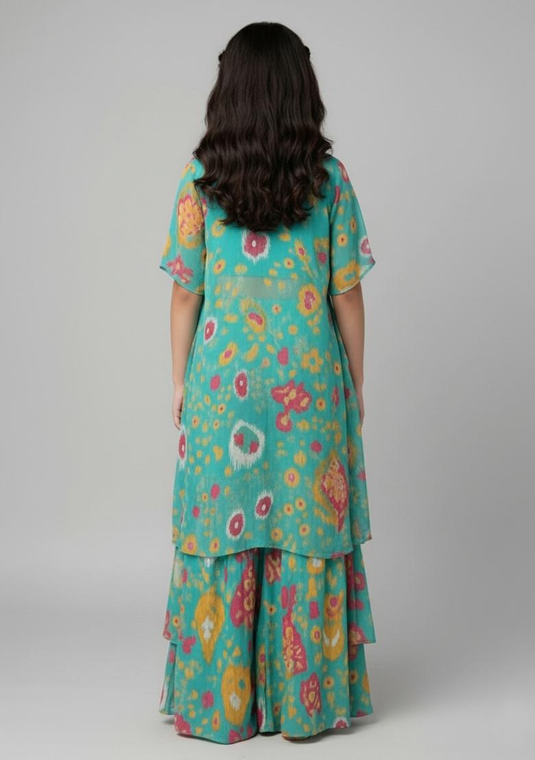 Girls Turquoise Blue Ikat Print Crepe Fusion Set - Indya