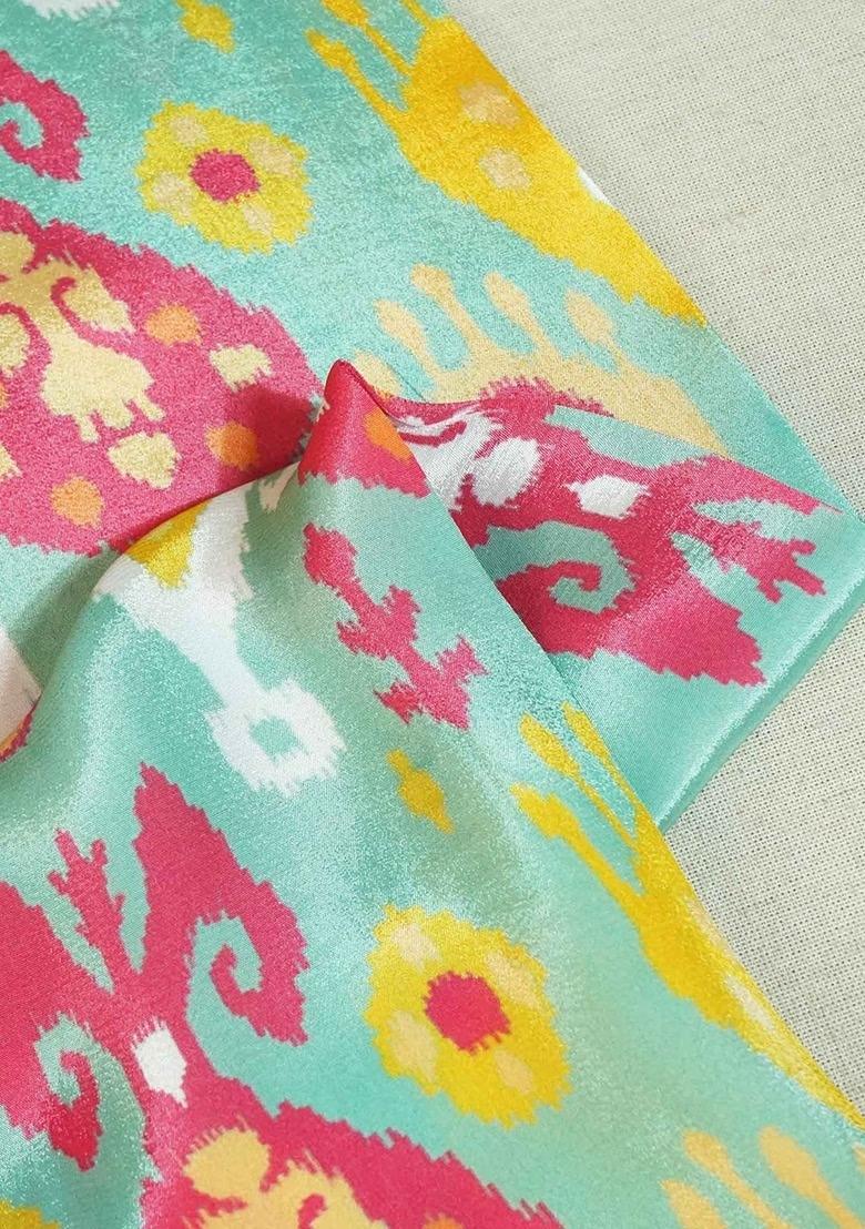 Girls Turquoise Blue Ikat Print Crepe Fusion Set - Indya