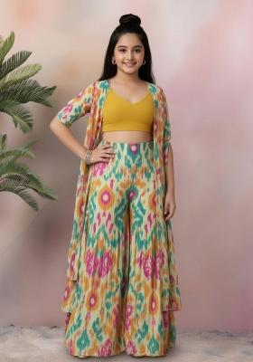Girls Multicolor Ikat Print Crepe Fusion Set